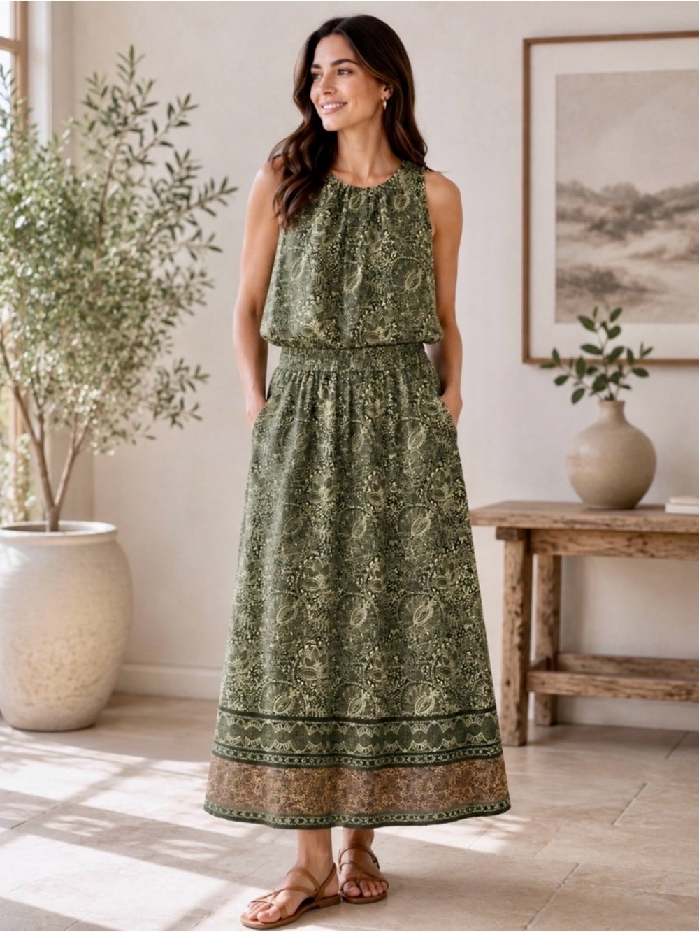 NWOT Calypso St. Barth Olive Botanical Paisley 2-Piece Maxi Skirt Set Size Small